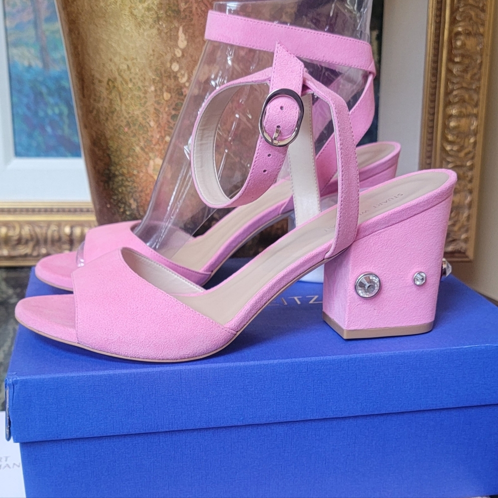 NIB STUART WEITZMAN PINK SUEDE ANKLE STRAP SANDALS CRYSTAL BLOCK HEELS 9.5 $525